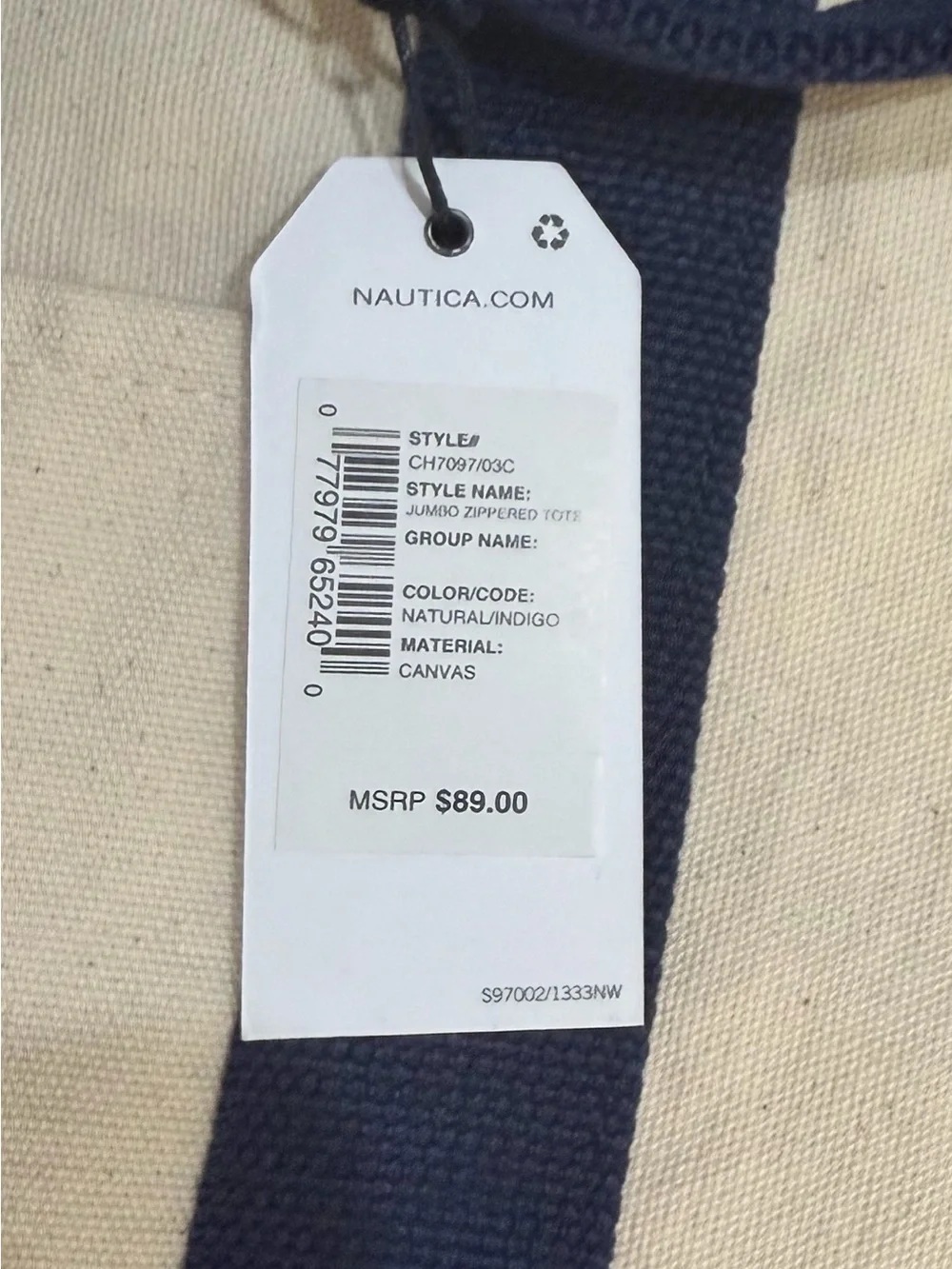 Nautica Canvas Jumbo Zippered Tote